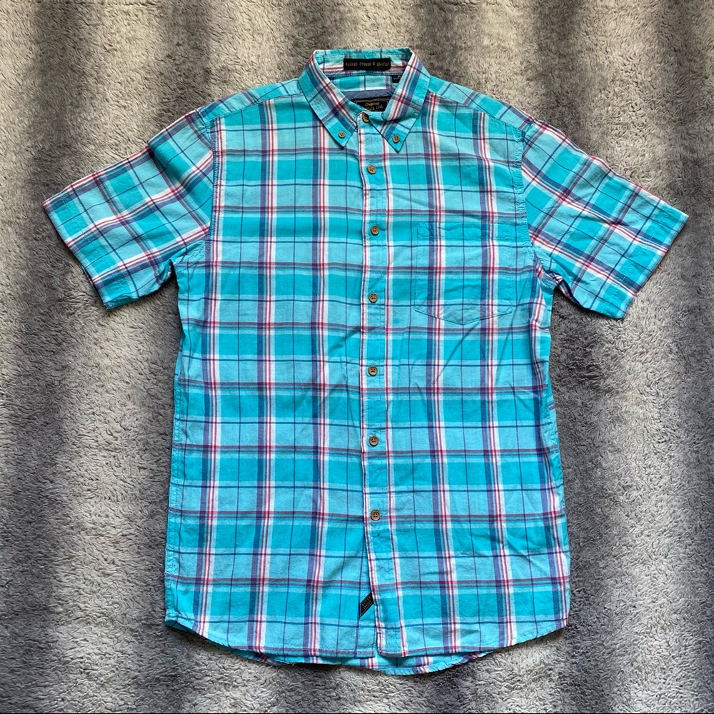 Original Vintage Short Sleeve Button Down Shirt Mens Small Blue, Red, White